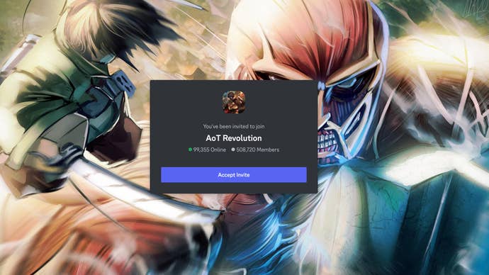 A Discord page showing an invite for the official Attack on Titan Revolution server.